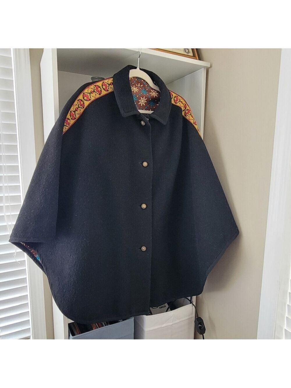 Black Wool Cape Poncho Shawl #2884